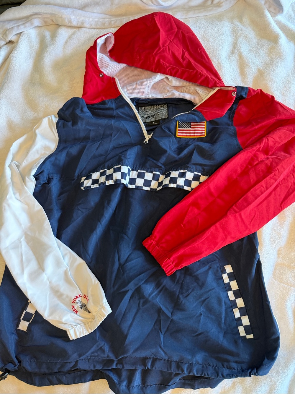 Brooklyn Cloth Navy, Red & White Windbreaker Hoodie with Racing Patch